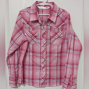 Cumberland Outfitters Pink Plaid Pearl Snap Western Cowgirl Shirt. Girls Large